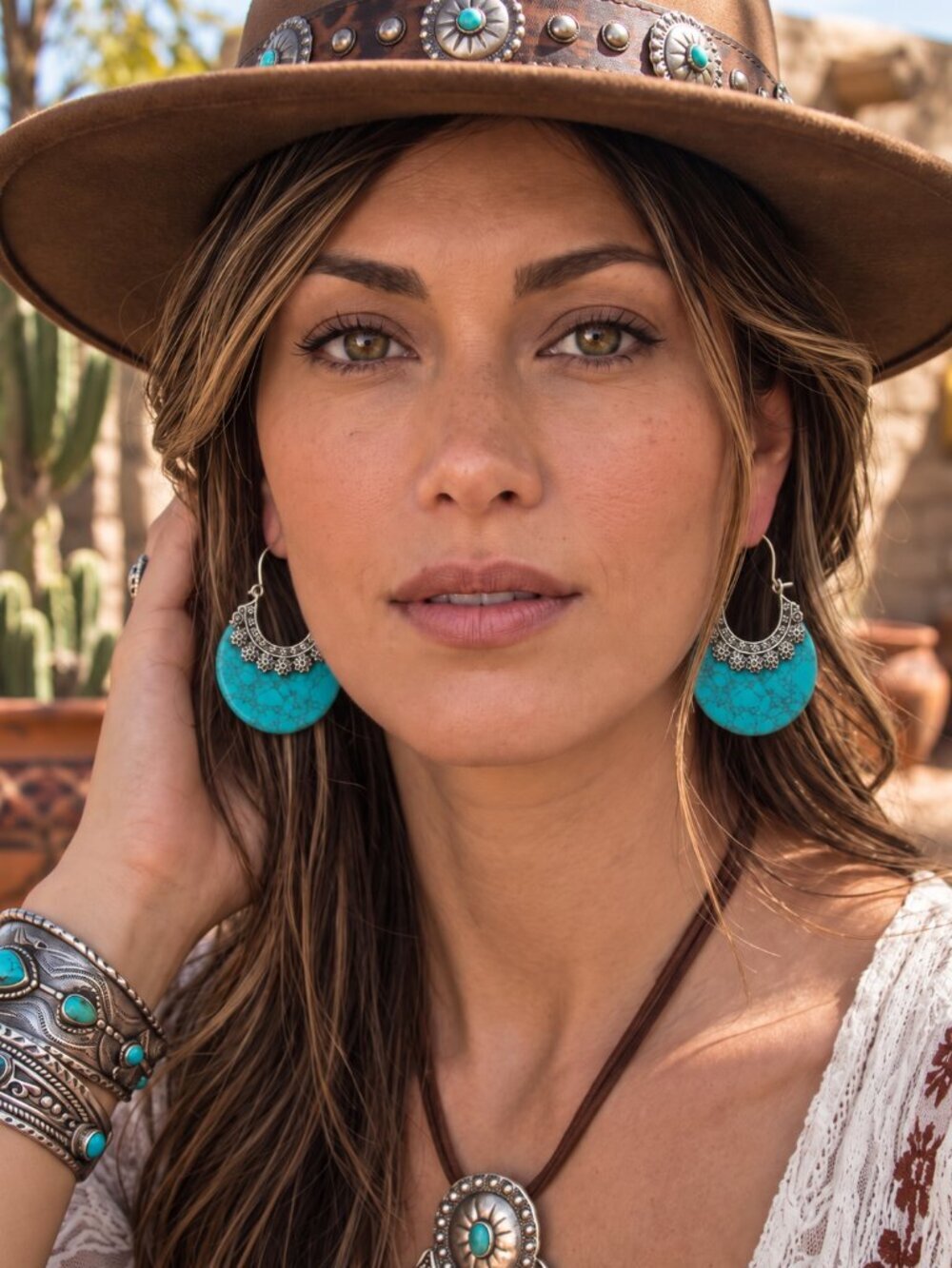 Turquoise Stone Crescent Hoop Earrings 925 Silver Plated Southwestern Artisan 2" - Picture 8 of 16
